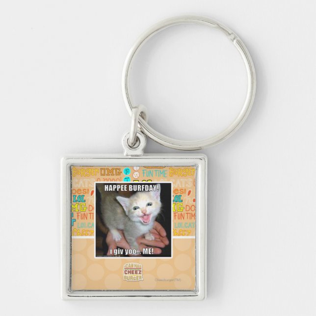 HAPPEE BURFDAY! FYRKANTIG SILVERFÄRGAD NYCKELRING (Framsidan)
