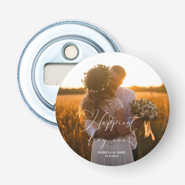 Happest Day Elegant Calligraphy Bröllop Photo Flasköppnare (Framsidan)