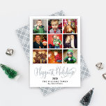 Happest Helgdagars Grått Script Photo Collage Julkort<br><div class="desc">Modern kollage stil Julhälsningar nio (9) fyrkantiga fotoblanksteg - perfekt för Instagram bilder, Happiest Helgdagars text i skriptskrivning för silver grått, anpassningsbar svart text som kan vara personlig och en färgstark plaid mönster går bakåt på kortet. Fototips: klicka på "Ändra" om du vill ersätta standardfotot med fotot. Foton kan behöva...</div>