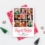 Happest Helgdagars Red Photo Collage Julkort<br><div class="desc">Modern collage stil Julhälsningar nio (9) fyrkantiga fotoblanksteg - perfekt för Instagram bilder, Happiest Helgdagars text i rödskript, anpassningsbar svart text som kan vara personlig och en färgstark plaid mönster går bakåt på kortet. Fototips: klicka på "Ändra" om du vill ersätta standardfotot med fotot. Foton kan behöva beskäras till önskad...</div>