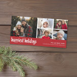 Happiest - 5 Photo Collage Red white Mönster Julkort<br><div class="desc">Glädjande Helgdagar med ett modernt,  strålande typsnitt - En viskare design med ställen för 5 foton på framsidan. Lägg till foton och en familj hälsning - innehåller ett modernt mönster i mitten av århundradet på baksidan.</div>