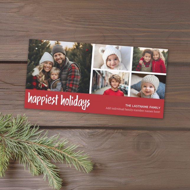 Happiest - 5 Photo Collage Red white Mönster Julkort (Add 5 photos to this Christmas card design that has a download option.)