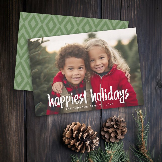 Happiest Helgdagar Fullt Photo rustic modern scrip Julkort (Rustic Modern Christmas Card with 1 Photo and Type Overlay - Print and Download Options)