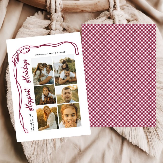 Happiest Holidays Bow Family 6 Photos Plaid Julkort (Skapare uppladdad)