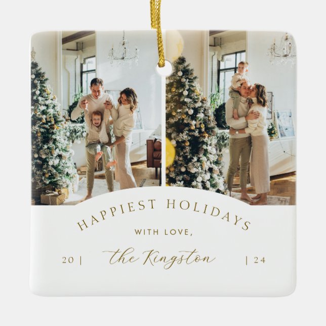 Happiest Holidays | Elegant Gold 2 Photo Collage Julgransprydnad Keramik (Framsida)