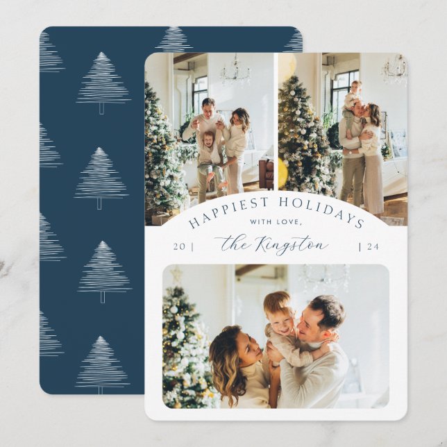 Happiest Holidays | Navy Blue 3 Photo Rounded Julkort (Fram/baksida)