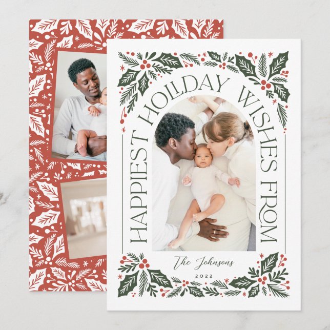 Happiest Önskemål Arch Holly Berry 3 Photo Collage Julkort (Fram/baksida)