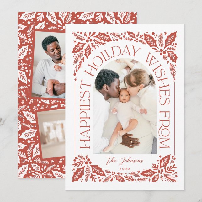Happiest Önskemål Arch Holly Berry 3 Photo Collage Julkort (Fram/baksida)