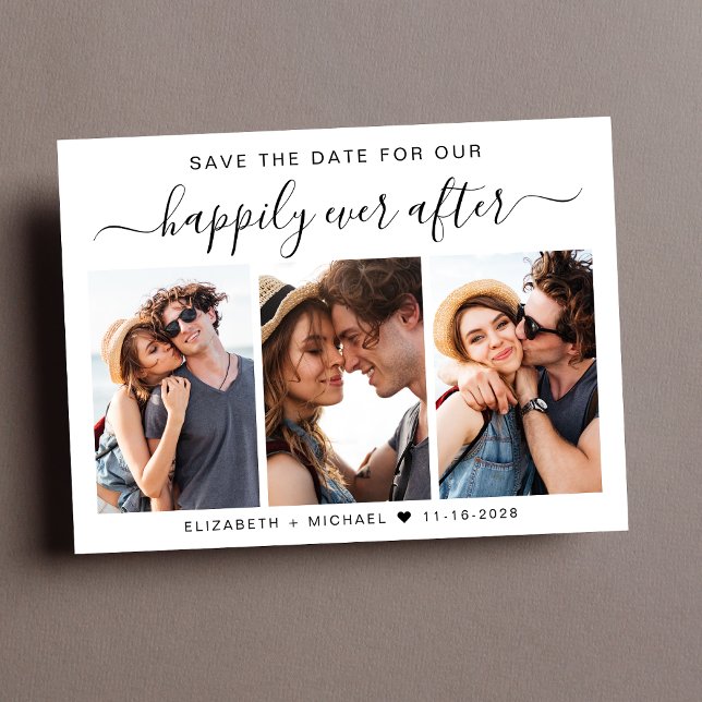 Happily Ever After 3 Foto Spara Datumet Meddelande Vykort (A stylish save the date photo collage announcement postcard for your wedding )