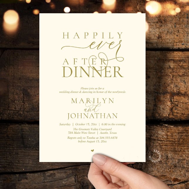 Happily Ever After Dinner Modern Wedding Reception Inbjudningar (Happily Ever After Dinner Modern Wedding Reception Invitation card in Gold yellow cream)
