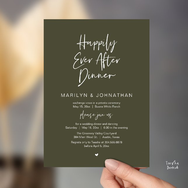 Happily Ever After Dinner Modern Wedding Reception Inbjudningar (Happily Ever After Dinner Modern Minimalist Wedding Reception Invitation Card in Olive Green)