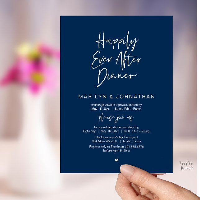 Happily Ever After Dinner Modern Wedding Reception Inbjudningar (Happily Ever After Dinner Modern Minimalist Wedding Reception Invitation Card in Navy Blue)
