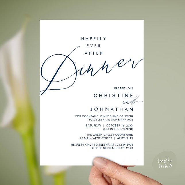 Happily Ever After Dinner Wedding Reception Dinner Inbjudningar (Happily Ever After Dinner Wedding Reception Dinner Invitation Card in Navy Blue)