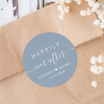 Happily Ever After Dusty Blue Wedding Runt Klistermärke<br><div class="desc">Add a romantic finishing touch to your wedding day with these Happily Ever After wedding stickers — a timeless way to personalize your save the dates, party favors, invitations, or thank you cards. Featuring an elegant calligraphy script on a dusty blue background with soft white text, these custom stickers capture...</div>