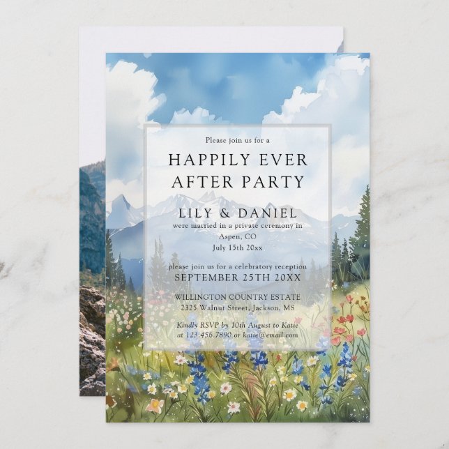 Happily Ever After Floral Mountain Wedding Photo Inbjudningar (Fram/baksida)
