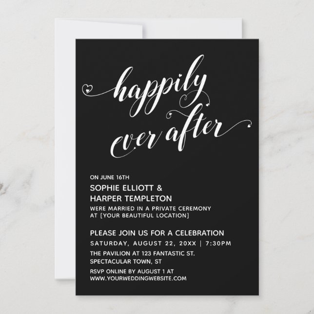 Happily Ever After Hearts Svart Bröllopskort Inbjudningar (Framsida)