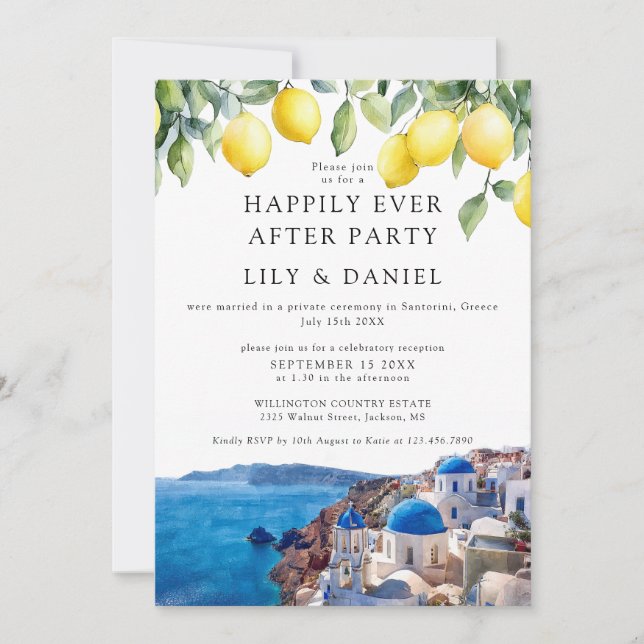 Happily Ever After Lemons Santorini Greece Wedding Inbjudningar (Framsida)