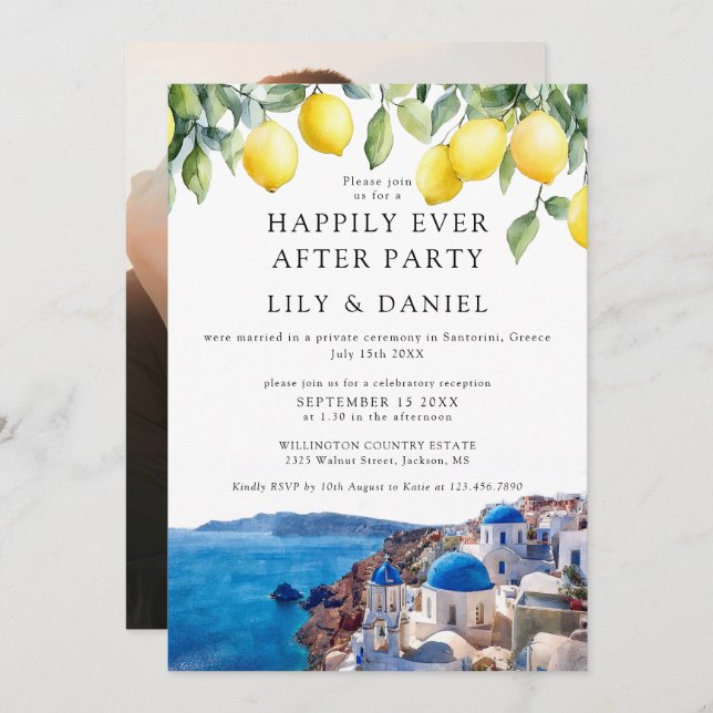 Happily Ever After Lemons Santorini Photo Wedding Inbjudningar (Fram/baksida)