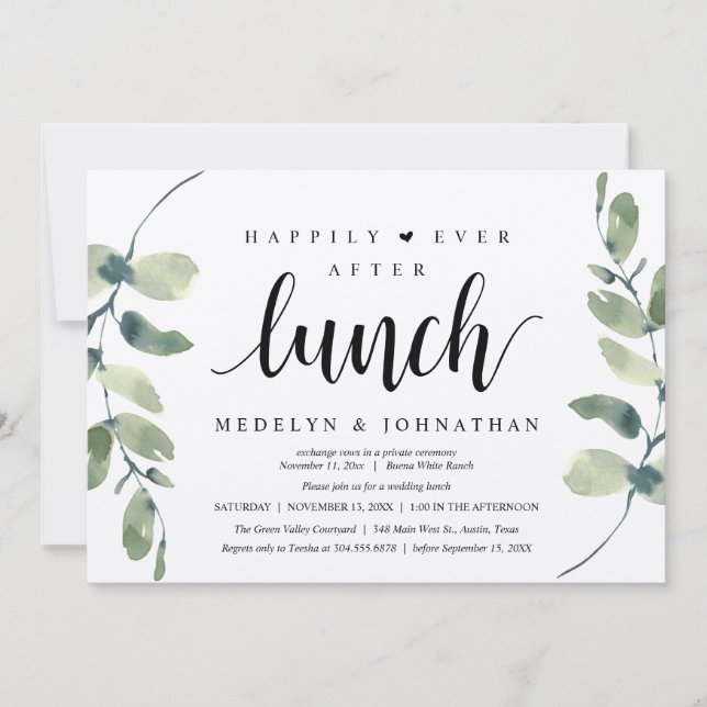 Happily Ever After Lunch, Greenery Rustic Wedding  Inbjudningar (Framsida)