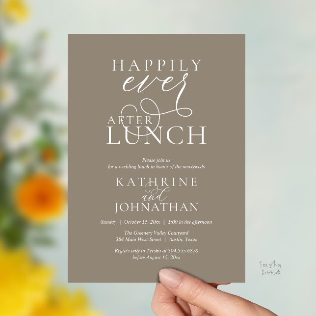 Happily Ever After Lunch Post Wedding Elopement Inbjudningar (Happily Ever After Lunch Post Wedding Elopement Invitation card, luncheon love laughter  Taupe brown)