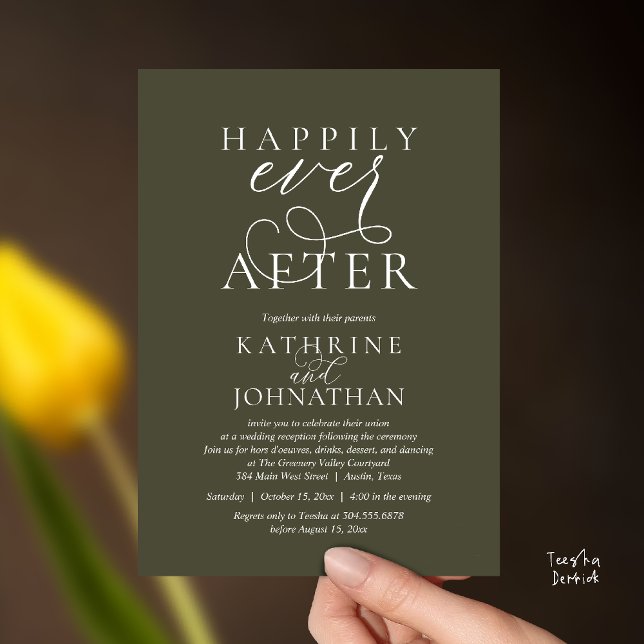 Happily Ever After, Modern Wedding Reception Inbjudningar (Happily Ever After, Modern Wedding Reception hors d'oeuvres Drinks Dancing Invites Card Olive Green)