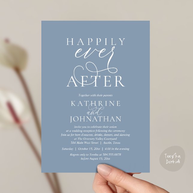 Happily Ever After, Modern Wedding Reception Inbjudningar (Happily Ever After, Modern Wedding Reception hors d'oeuvres Drinks Dancing Invites Card Dusty Blue)