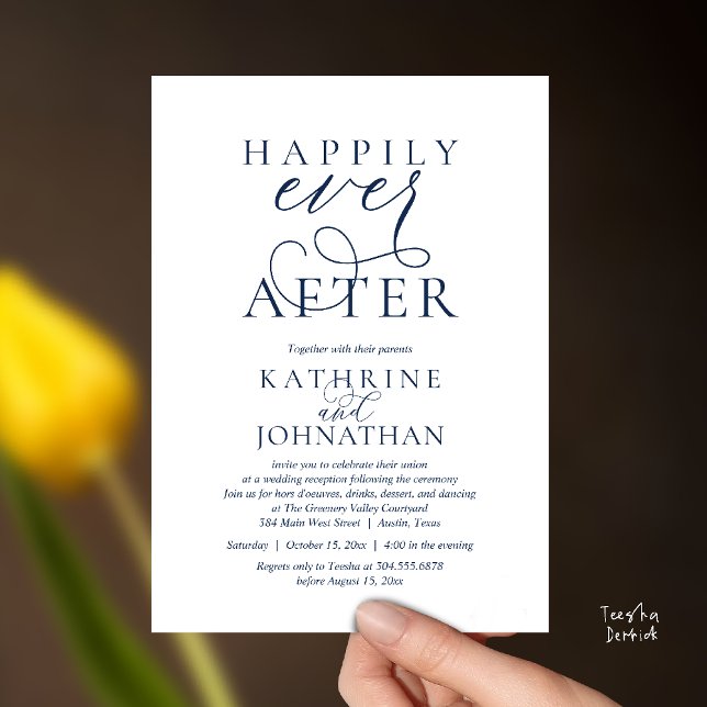Happily Ever After, Modern Wedding Reception Inbjudningar (Happily Ever After, Modern Wedding Reception Drinks Dessert Dancing Invitation Card in Navy Blue)