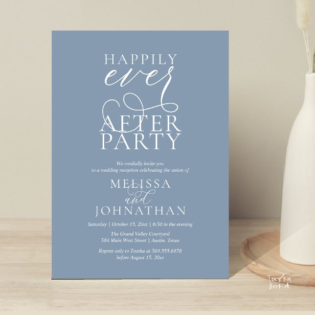 Happily Ever After Party, Classy Wedding Reception Inbjudningar (Happily Ever After Party, Classy Wedding Reception Modern Dinner Invitation Card PDF Dusty Blue)
