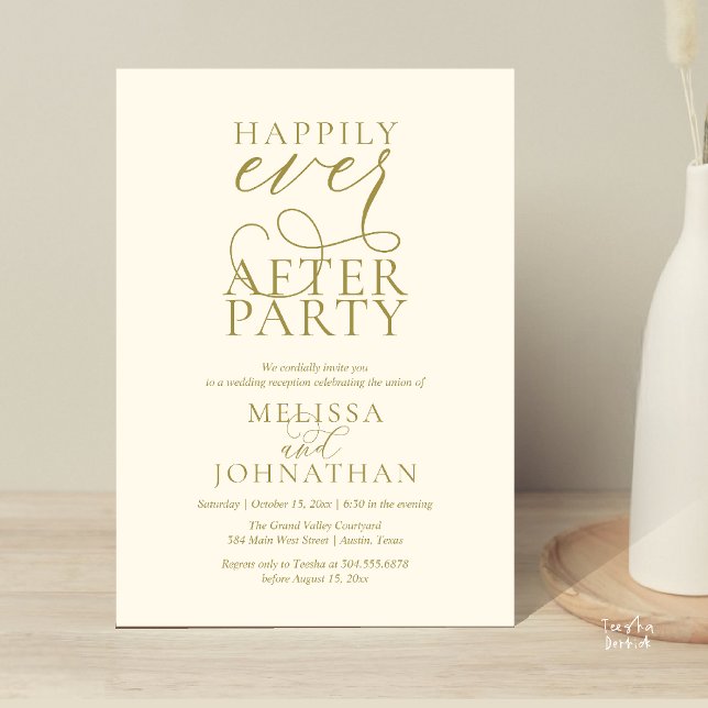 Happily Ever After Party, Classy Wedding Reception Inbjudningar (Happily Ever After Party, Classy Wedding Reception Modern Dinner Invitation Card PDF Yellow Gold)