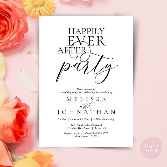 Happily Ever After Party, Modern Classy Wedding Inbjudningar (Happily Ever After Party, Modern Classy Wedding Invitation Card PDF White Black)