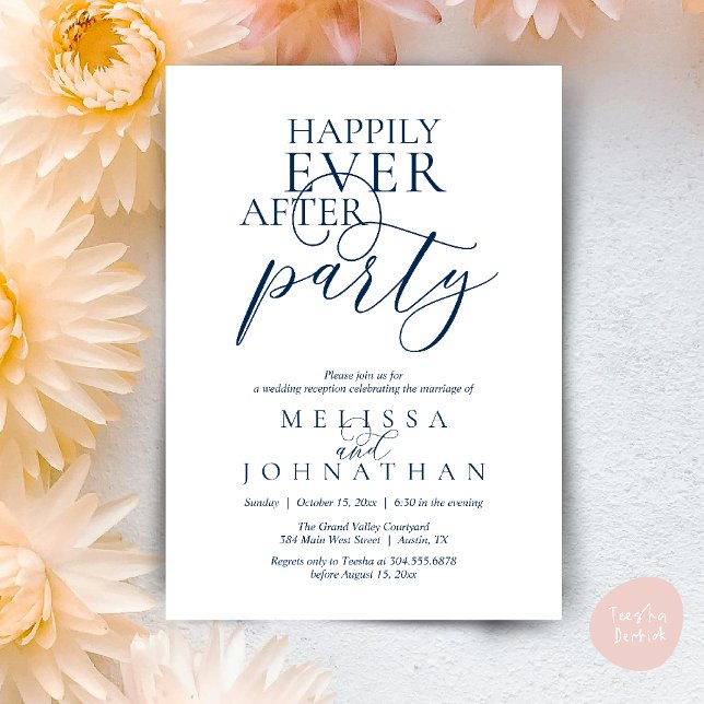Happily Ever After Party, Modern Classy Wedding Inbjudningar (Happily Ever After Party, Modern Classy Wedding Invitation Card PDF navy Blue)