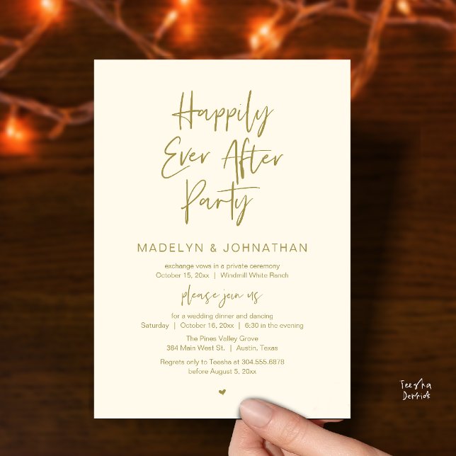Happily Ever After Party, Modern Wedding Dinner Inbjudningar (Happily Ever After Party, Modern Wedding Reception Dinner Invitation card in yellow gold)