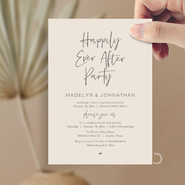 Happily Ever After Party, Modern Wedding Dinner Inbjudningar (Happily Ever After Party, Modern Wedding Reception Dinner Invitation card in cream grey)