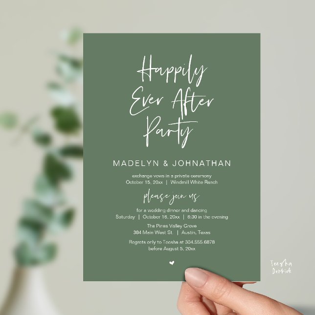 Happily Ever After Party, Modern Wedding Dinner Inbjudningar (Happily Ever After Party, Modern Wedding Reception Dinner Invitation card in sage green)