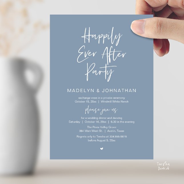 Happily Ever After Party, Modern Wedding Dinner Inbjudningar (Happily Ever After Party, Modern Wedding Reception Dinner Invitation card in dusty blue)