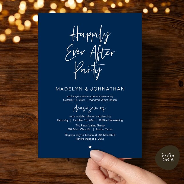Happily Ever After Party, Modern Wedding Dinner Inbjudningar (Happily Ever After Party, Modern Wedding Reception Dinner Invitation card in navy blue)