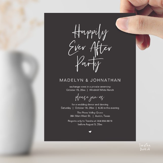 Happily Ever After Party, Modern Wedding Dinner Inbjudningar (Happily Ever After Party, Modern Wedding Reception Dinner Invitation card in charcoal grey)