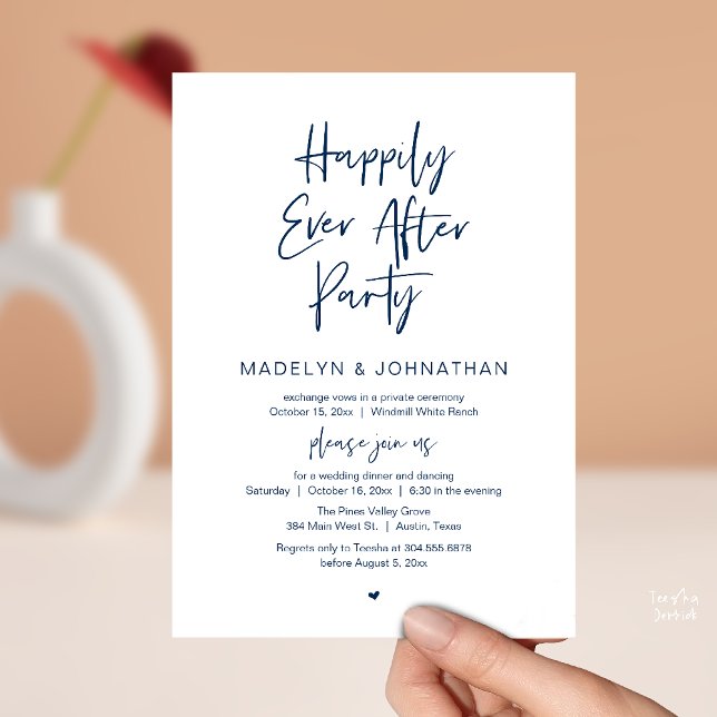 Happily Ever After Party, Modern Wedding Dinner Inbjudningar (Happily Ever After Party, Modern Wedding Reception Dinner Invitation card in navy blue)