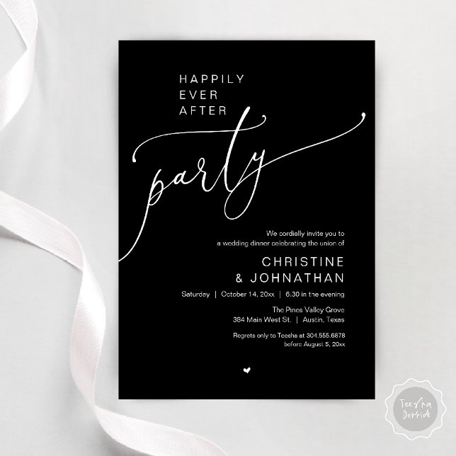 "Happily Ever After Party" Modern Wedding Dinner Inbjudningar ("Happily Ever After Party" Modern Wedding Dinner reception Invitation card in black and white)