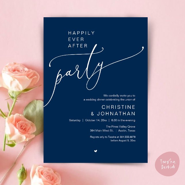"Happily Ever After Party" Modern Wedding Dinner Inbjudningar ("Happily Ever After Party" Modern Wedding Dinner reception Invitation card in navy blue)