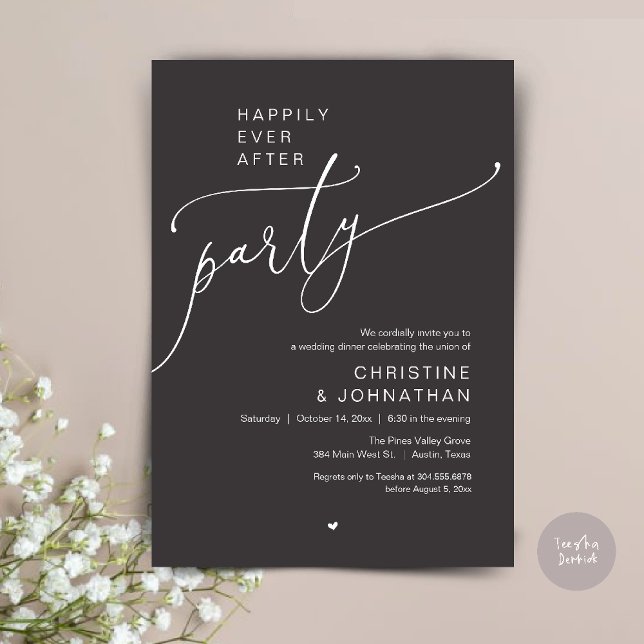 "Happily Ever After Party" Modern Wedding Dinner Inbjudningar ("Happily Ever After Party" Modern Wedding Dinner reception Invitation card in charcoal grey)