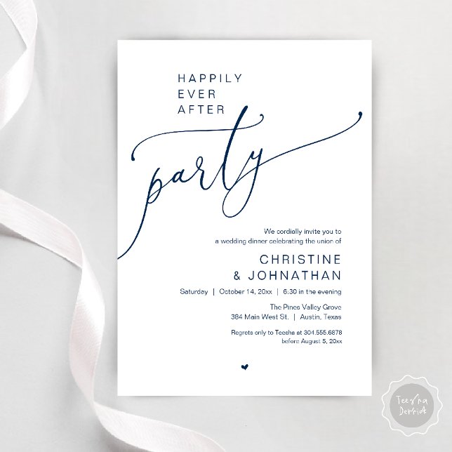 "Happily Ever After Party" Modern Wedding Dinner Inbjudningar ("Happily Ever After Party" Modern Wedding Dinner Invitation Card in navy Blue)