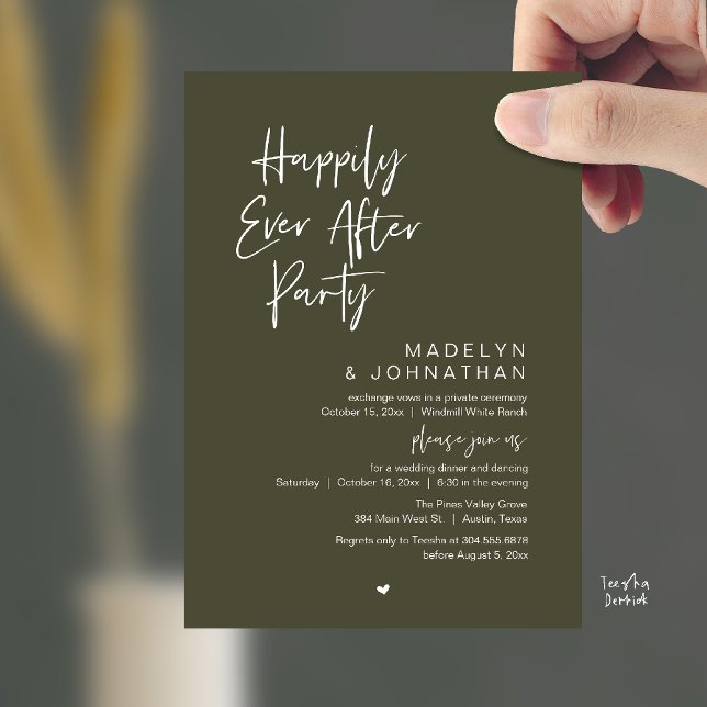 Happily Ever After Party, Modern Wedding Reception Inbjudningar (Happily Ever After Party, Modern Wedding Reception Dinner Invitation card in olive green)