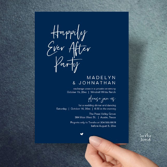 Happily Ever After Party, Modern Wedding Reception Inbjudningar (Happily Ever After Party, Modern Wedding Reception Dinner Invitation card in navy blue)
