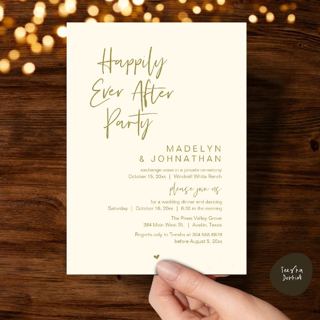 Happily Ever After Party, Modern Wedding Reception Inbjudningar (Happily Ever After Party, Modern Wedding Reception Dinner Invitation card in yellow gold)