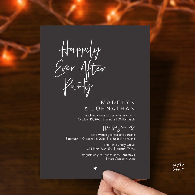 Happily Ever After Party, Modern Wedding Reception Inbjudningar (Happily Ever After Party, Modern Wedding Reception Dinner Invitation card in charcoal grey)