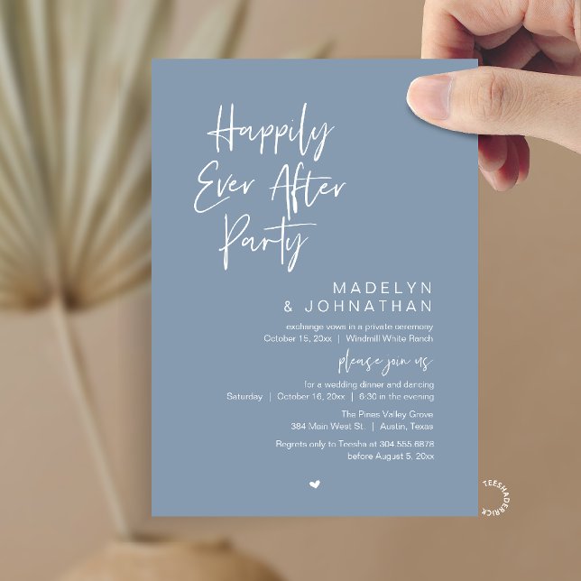 Happily Ever After Party, Modern Wedding Reception Inbjudningar (Happily Ever After Party, Modern Wedding Reception Dinner Invitation card in dusty blue)