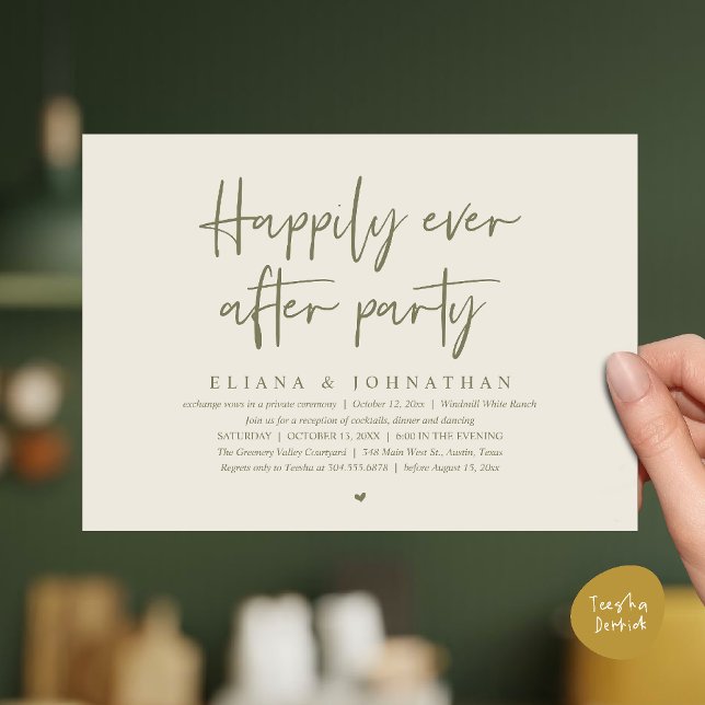  Happily Ever After Party Modern Wedding Reception Inbjudningar (Happily Ever After Party Modern Wedding Reception Invitation Card in Cream and Dusty Green)