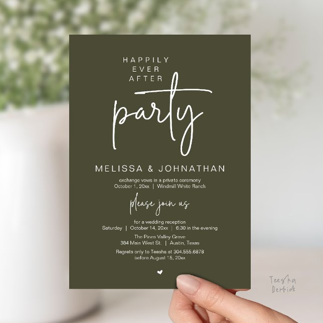 Happily Ever After Party, Modern Wedding Reception Inbjudningar (Happily Ever After Party, Modern Wedding Reception Dinner Invitation Card in Olive Green)