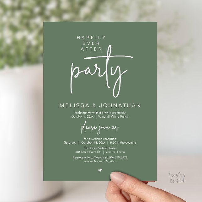 Happily Ever After Party, Modern Wedding Reception Inbjudningar (Happily Ever After Party, Modern Wedding Reception Dinner Invitation Card in Sage Green)